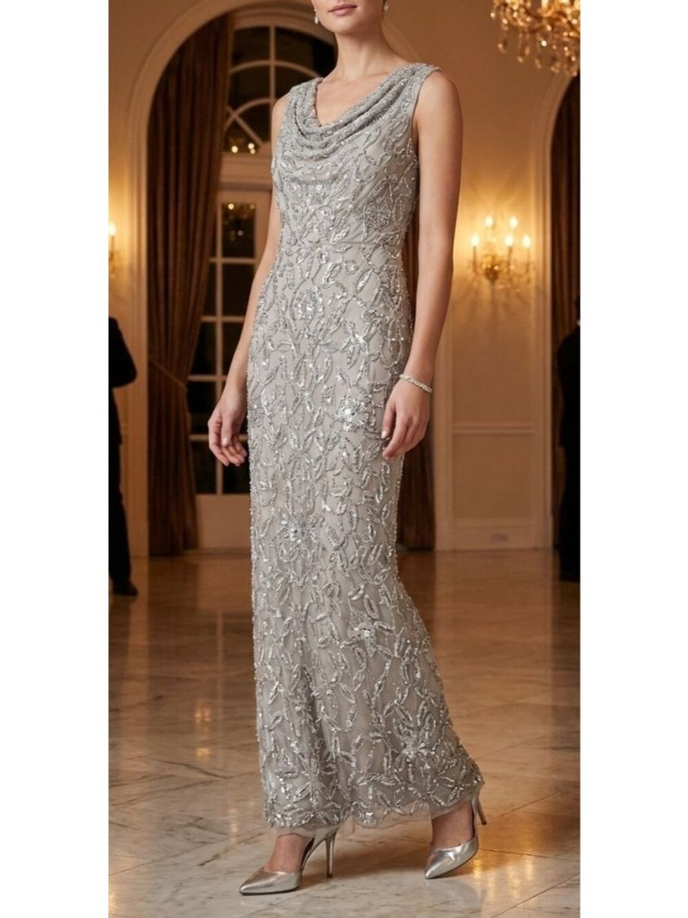 NWT Mac Duggal Women’s 4 Silver Sequin Beaded Formal Gown Cowl Neck Sleeveless